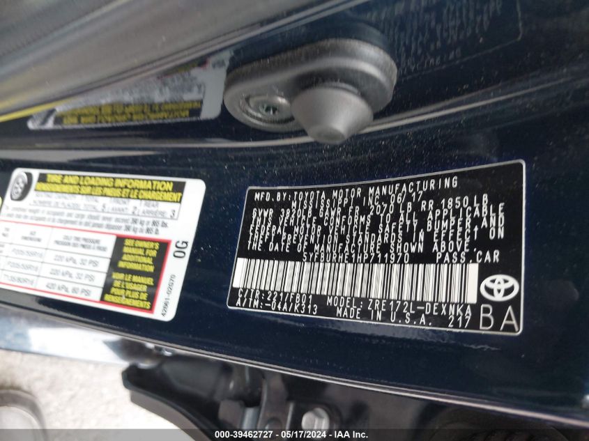 2017 Toyota Corolla Le VIN: 5YFBURHE1HP711970 Lot: 39462727