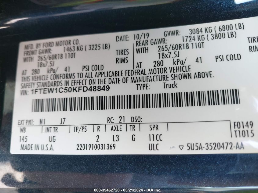 2019 Ford F-150 Xlt VIN: 1FTEW1C50KFD48849 Lot: 39462728