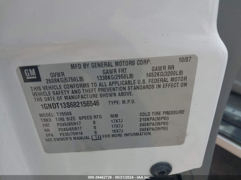 2008 Chevrolet Trailblazer Lt VIN: 1GNDT13S682156546 Lot: 39462729