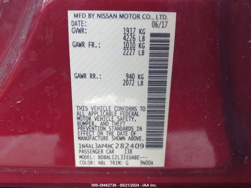 2017 Nissan Altima 2.5 Sv VIN: 1N4AL3AP4HC282409 Lot: 39462736