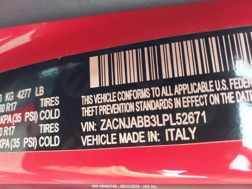 2020 Jeep Renegade Altitude Fwd VIN: ZACNJABB3LPL52671 Lot: 39462740