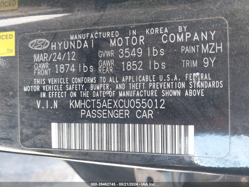 2012 Hyundai Accent Gs VIN: KMHCT5AEXCU055012 Lot: 39462745