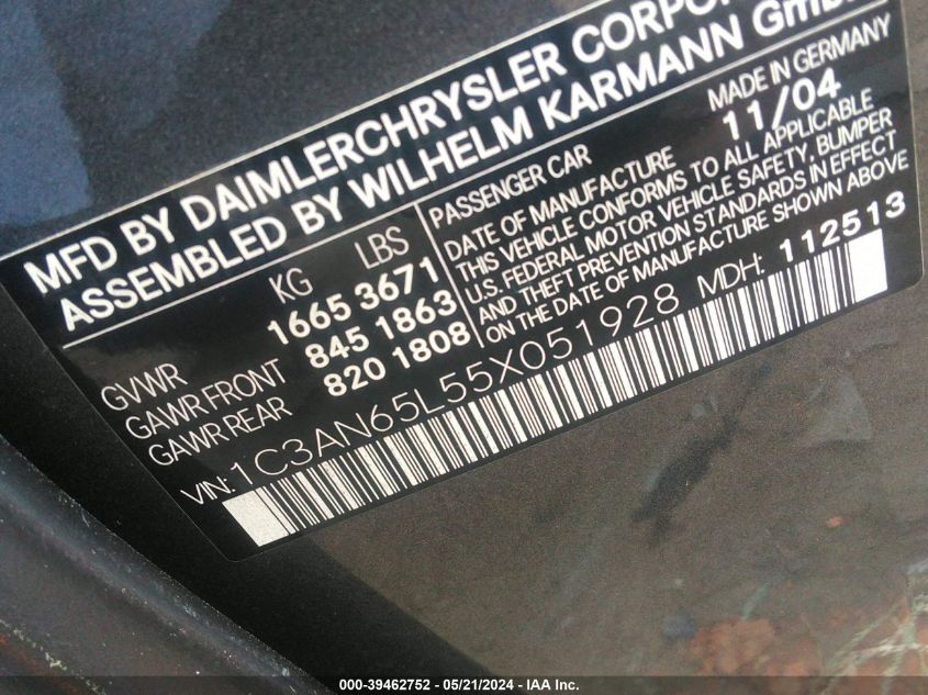 2005 Chrysler Crossfire Limited VIN: 1C3AN65L55X051928 Lot: 39462752