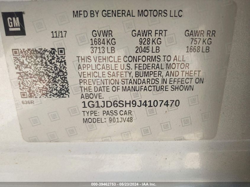 2018 Chevrolet Sonic Lt Auto VIN: 1G1JD6SH9J4107470 Lot: 39462753