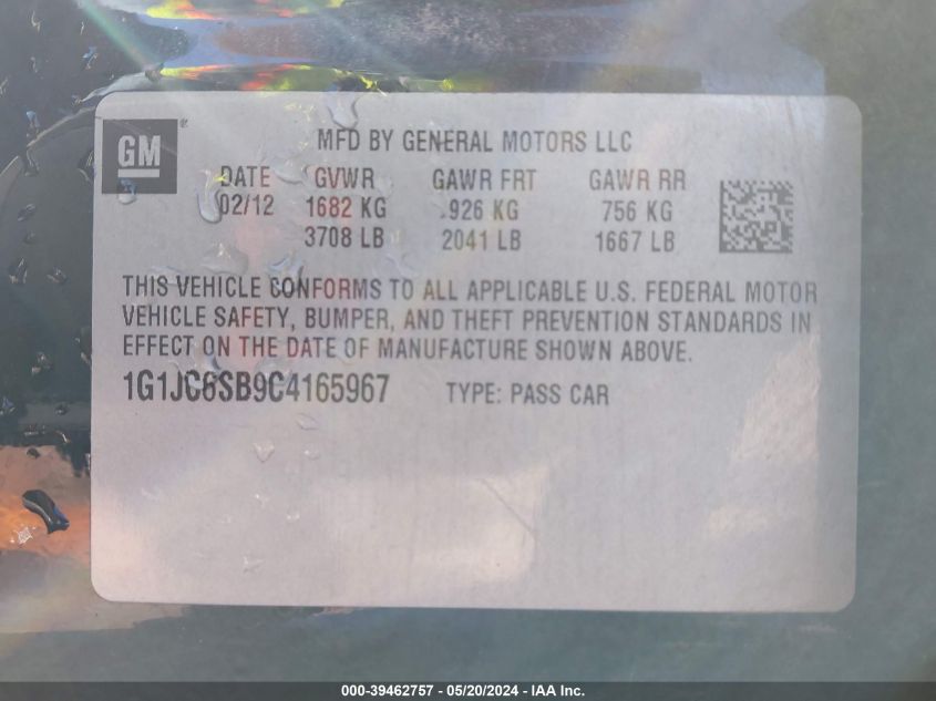 2012 Chevrolet Sonic 2Lt VIN: 1G1JC6SB9C4165967 Lot: 39462757