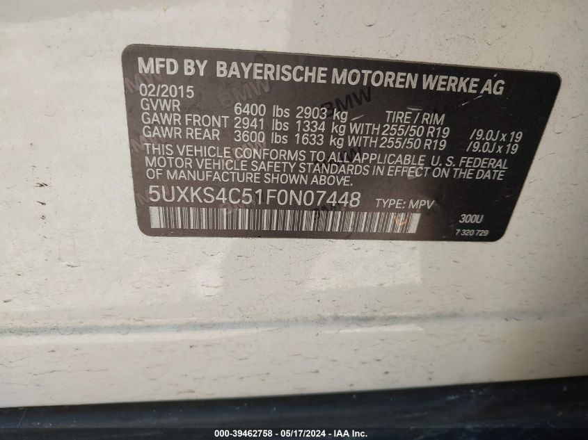 2015 BMW X5 xDrive35D VIN: 5UXKS4C51F0N07448 Lot: 39462758