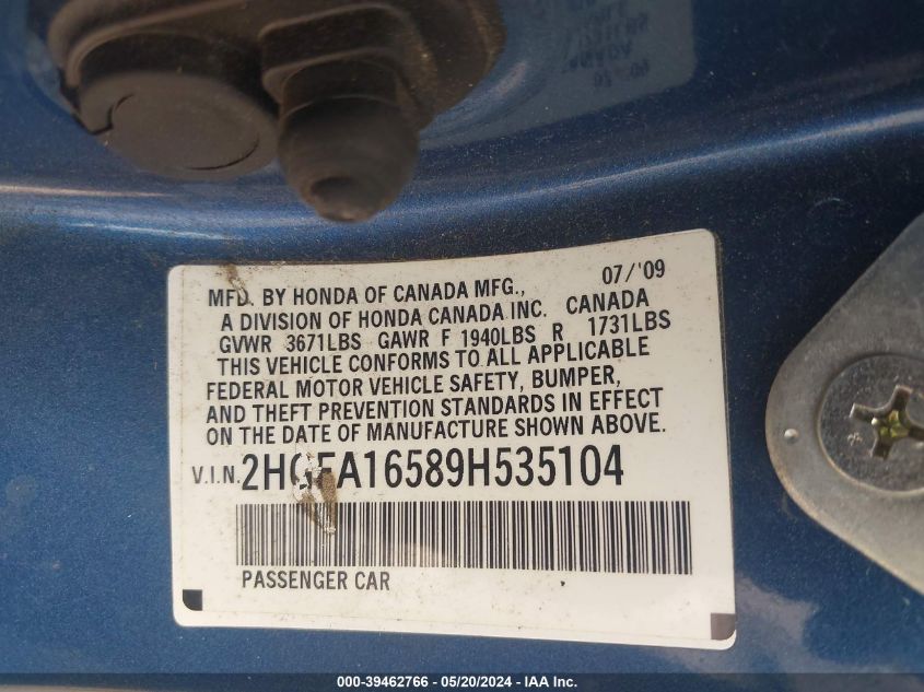 2009 Honda Civic Lx VIN: 2HGFA16589H535104 Lot: 39462766