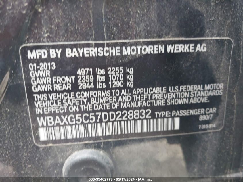 2013 BMW 528I VIN: WBAXG5C57DD228832 Lot: 39462779