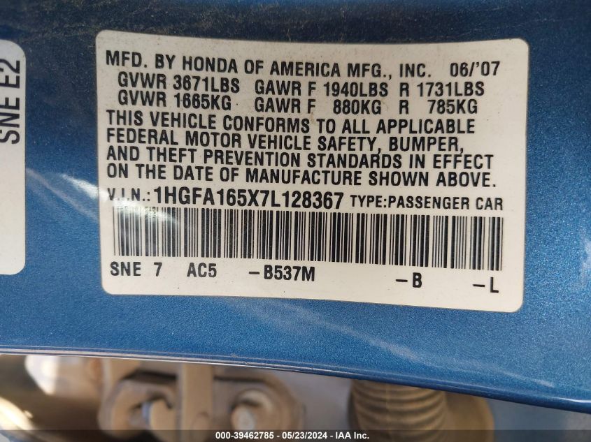 2007 Honda Civic Lx VIN: 1HGFA165X7L128367 Lot: 39462785
