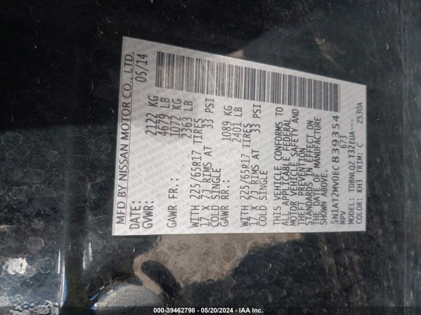 2014 Nissan Rogue Sv VIN: 5N1AT2MV0EC839354 Lot: 39462798