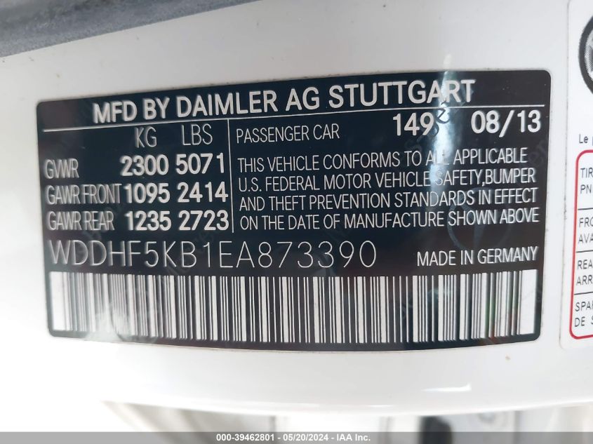 2014 Mercedes-Benz E 350 VIN: WDDHF5KB1EA873390 Lot: 39462801