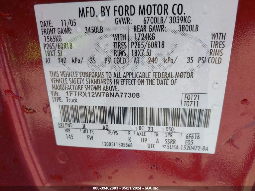 2006 Ford F-150 Stx/Xl/Xlt VIN: 1FTRX12W76NA77308 Lot: 39462803