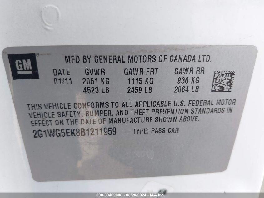 2011 Chevrolet Impala Lt VIN: 2G1WG5EK8B1211959 Lot: 39462808