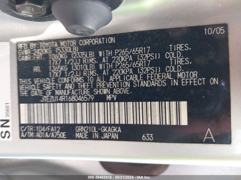 2006 Toyota 4Runner Sr5 V6 VIN: JTEZU14R168046579 Lot: 39462818