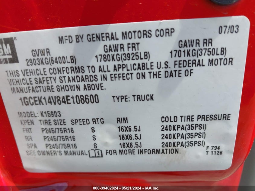 2004 Chevrolet Silverado 1500 Work Truck VIN: 1GCEK14V84E108600 Lot: 39462824