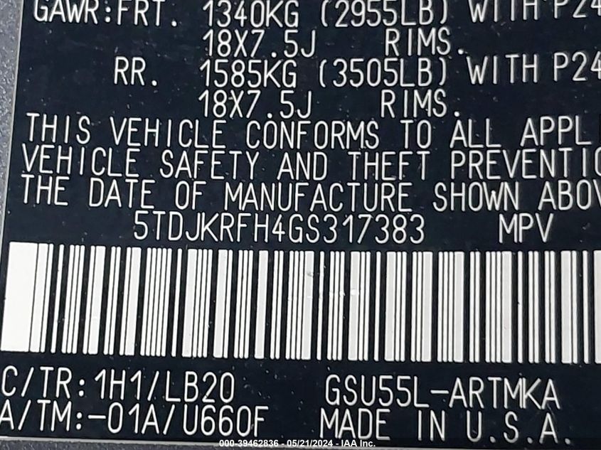 2016 Toyota Highlander Xle V6 VIN: 5TDJKRFH4GS317383 Lot: 39462836