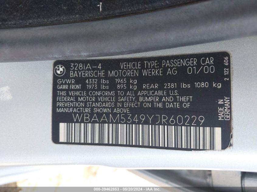 2000 BMW 328I I VIN: WBAAM5349YJR60229 Lot: 39462853