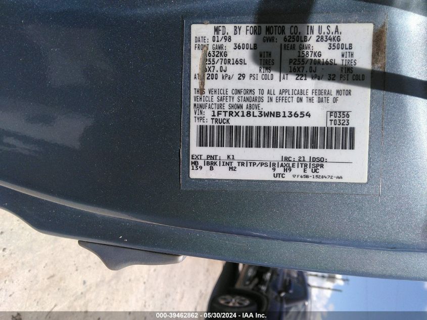 1998 Ford F-150 Lariat/Standard/Xl/Xlt VIN: 1FTRX18L3WNB13654 Lot: 39462862