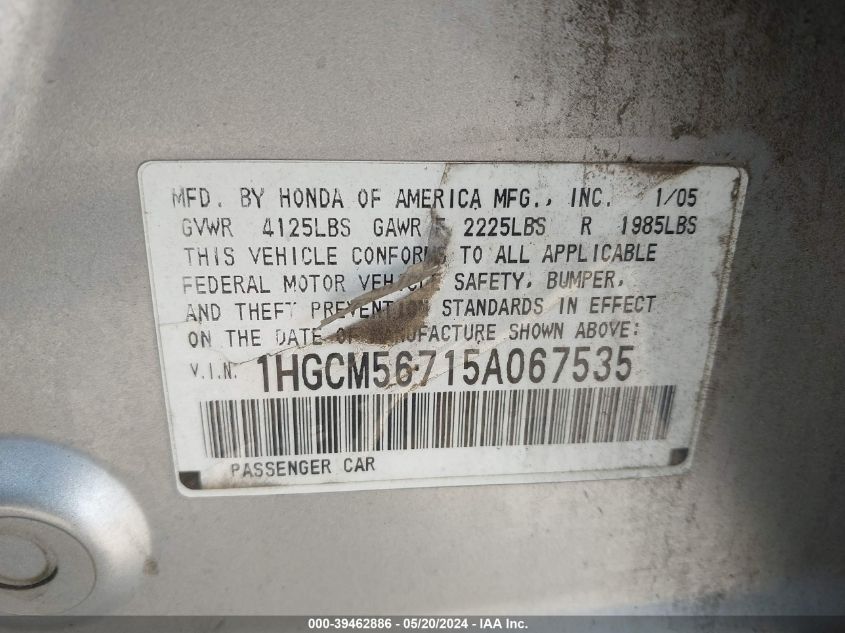 2005 Honda Accord 2.4 Ex VIN: 1HGCM56715A067535 Lot: 39462886