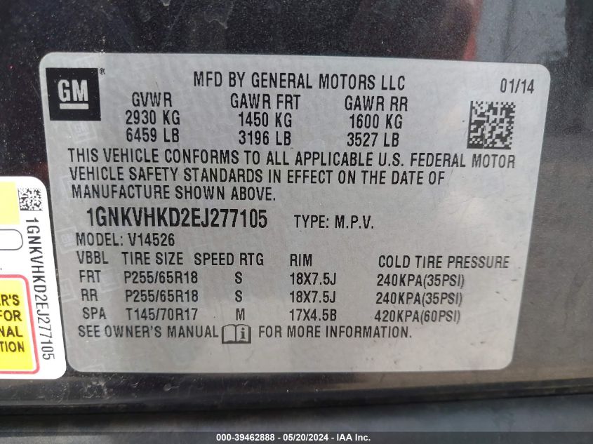 2014 Chevrolet Traverse 2Lt VIN: 1GNKVHKD2EJ277105 Lot: 39462888