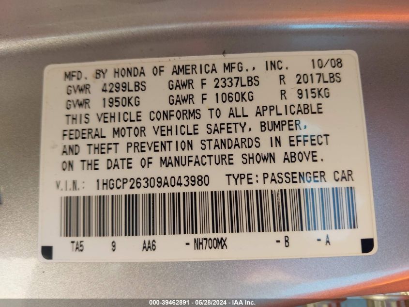 2009 Honda Accord 2.4 Lx VIN: 1HGCP26309A043980 Lot: 39462891