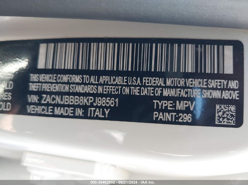 2019 Jeep Renegade Latitude 4X4 VIN: ZACNJBBB8KPJ98561 Lot: 39462892