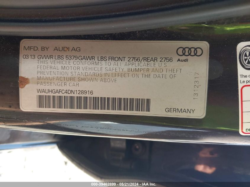 2013 Audi A6 3.0T Premium VIN: WAUHGAFC4DN128916 Lot: 39462899