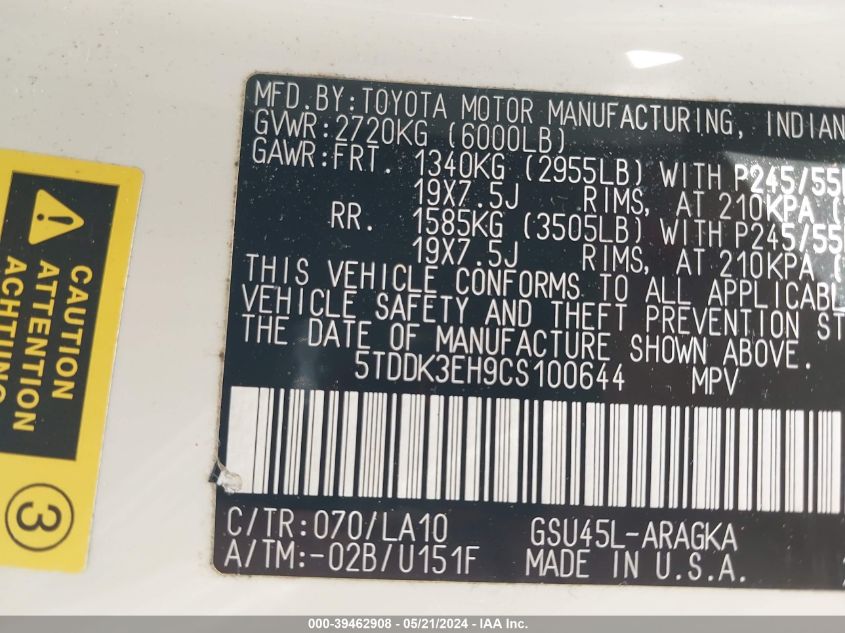 2012 Toyota Highlander Limited V6 VIN: 5TDDK3EH9CS100644 Lot: 39462908