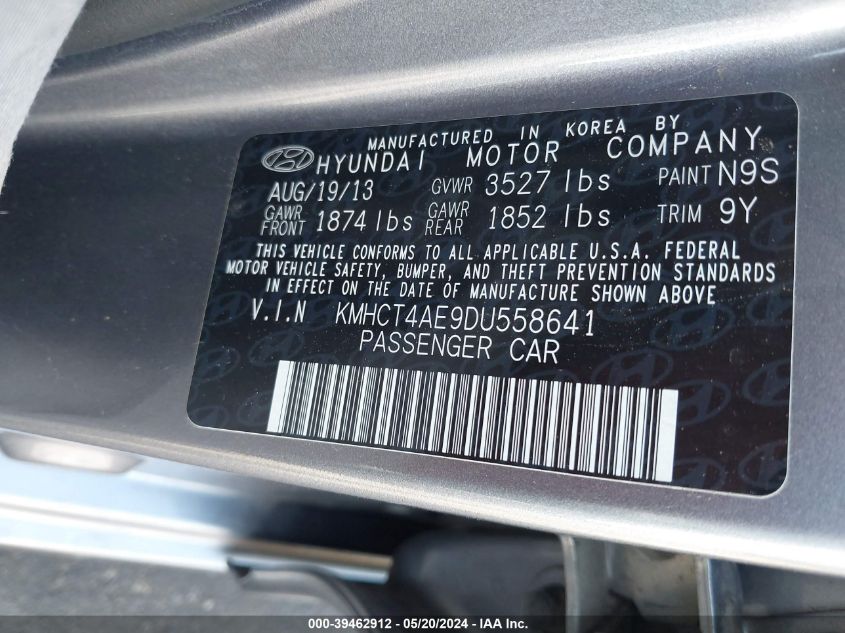2013 Hyundai Accent Gls VIN: KMHCT4AE9DU558641 Lot: 39462912