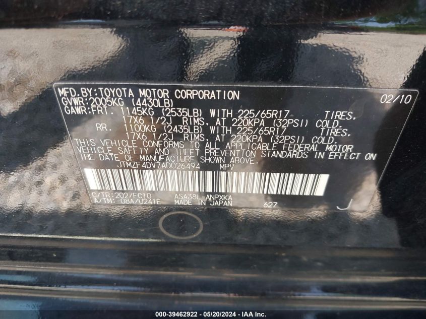 2010 Toyota Rav4 VIN: JTMZF4DV7AD026494 Lot: 39462922