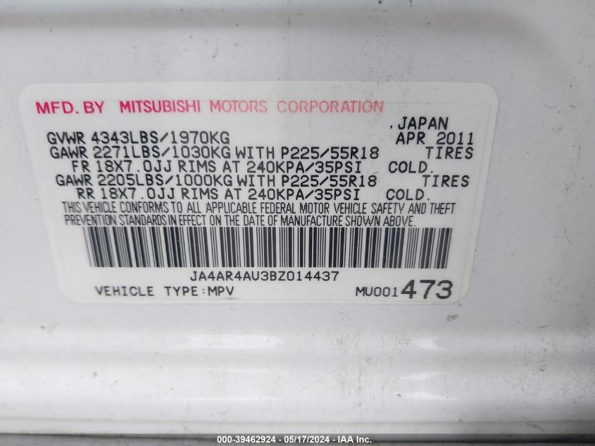 2011 Mitsubishi Outlander Sport Se VIN: JA4AR4AU3BZ014437 Lot: 39462924