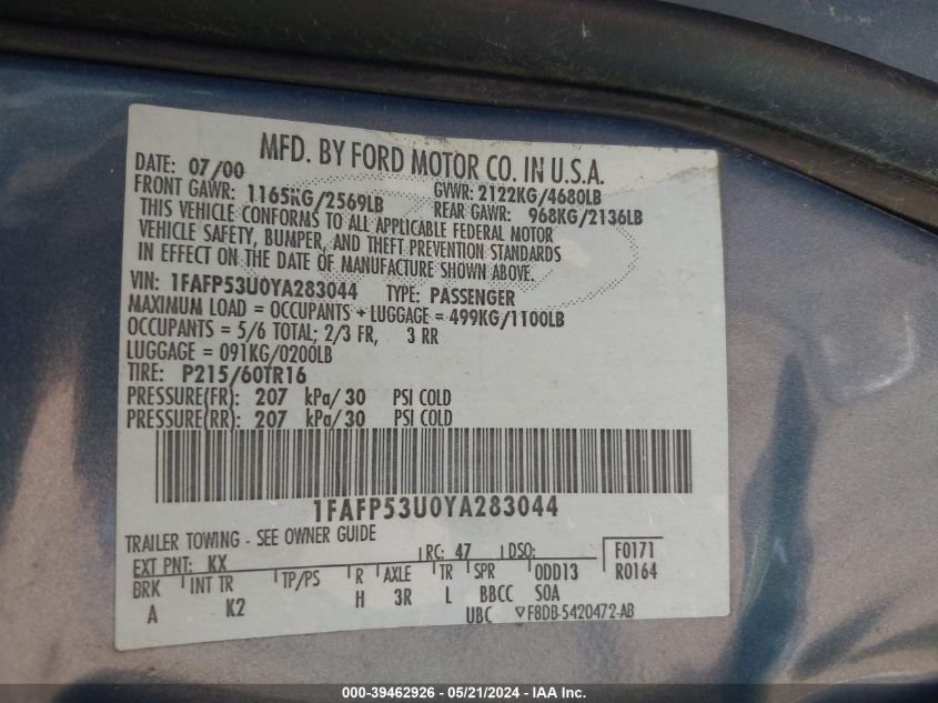 2000 Ford Taurus Se VIN: 1FAFP53U0YA283044 Lot: 39462926