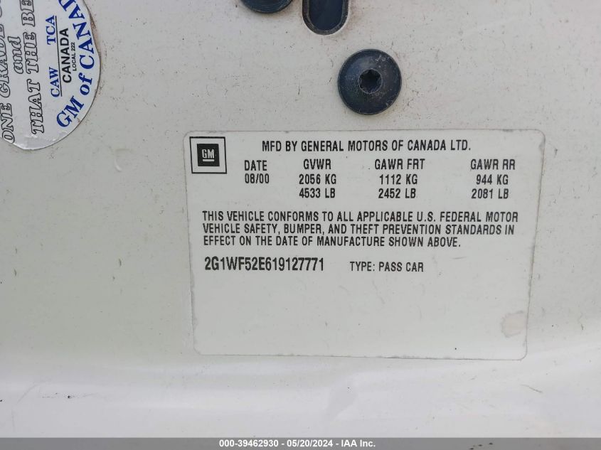 2001 Chevrolet Impala VIN: 2G1WF52E619127771 Lot: 39462930