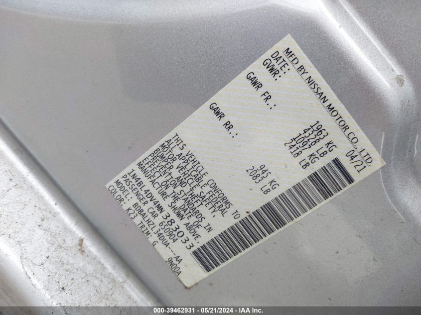 2021 Nissan Altima Sv Fwd VIN: 1N4BL4DV4MN383033 Lot: 39462931