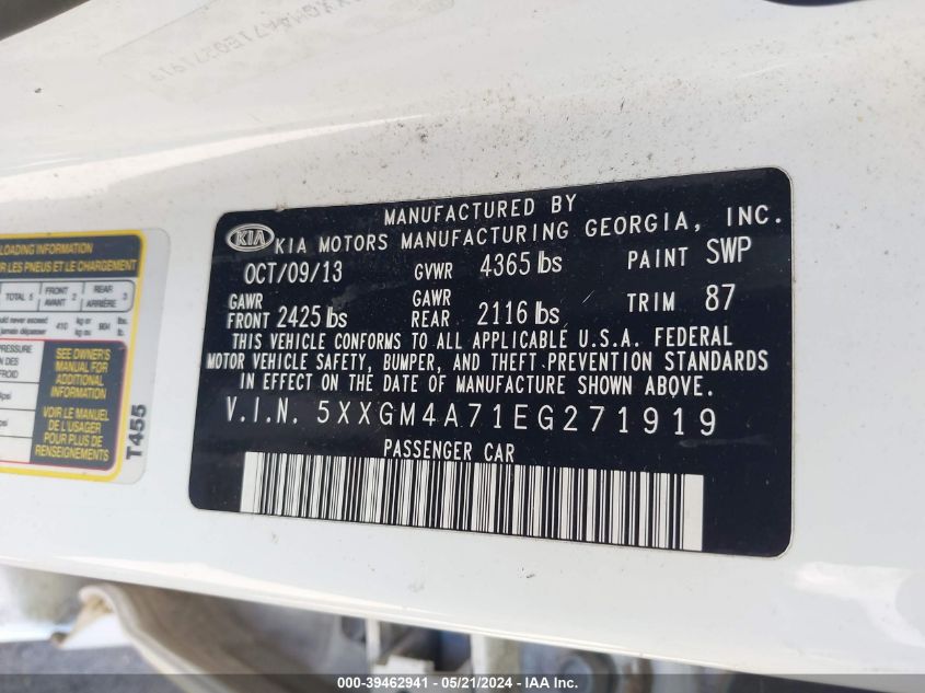 2014 Kia Optima Lx VIN: 5XXGM4A71EG271919 Lot: 39462941