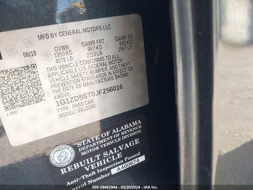 2018 Chevrolet Malibu Lt VIN: 1G1ZD5ST0JF256016 Lot: 39462944