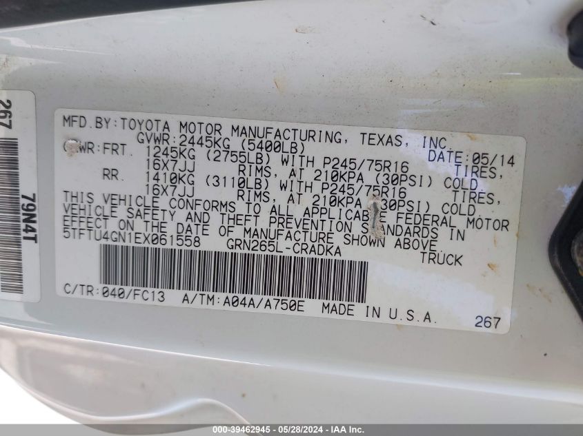 2014 Toyota Tacoma Prerunner V6 VIN: 5TFTU4GN1EX061558 Lot: 39462945