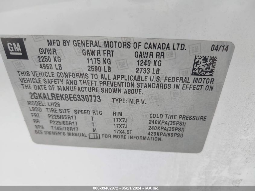 2014 GMC Terrain Sle-2 VIN: 2GKALREK8E6330773 Lot: 39462972