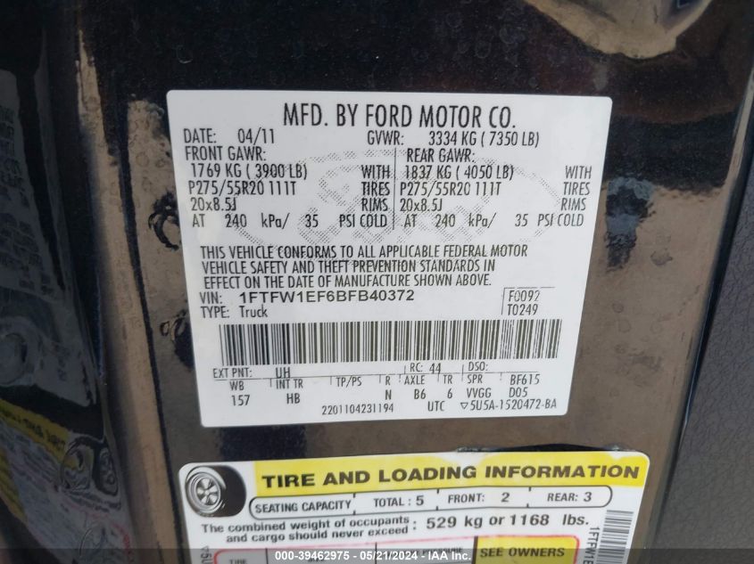 2011 Ford F-150 Lariat VIN: 1FTFW1EF6BFB40372 Lot: 39462975