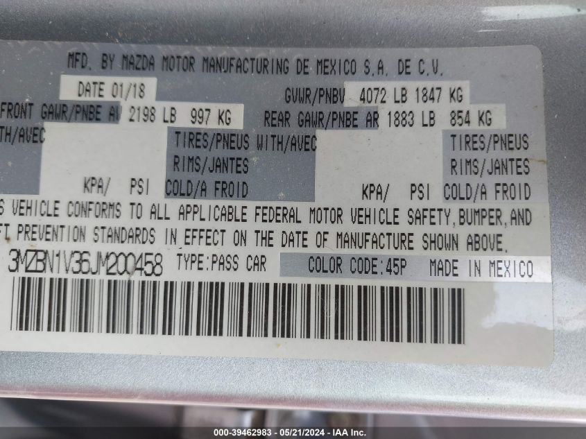 2018 Mazda Mazda3 Touring VIN: 3MZBN1V36JM200458 Lot: 39462983