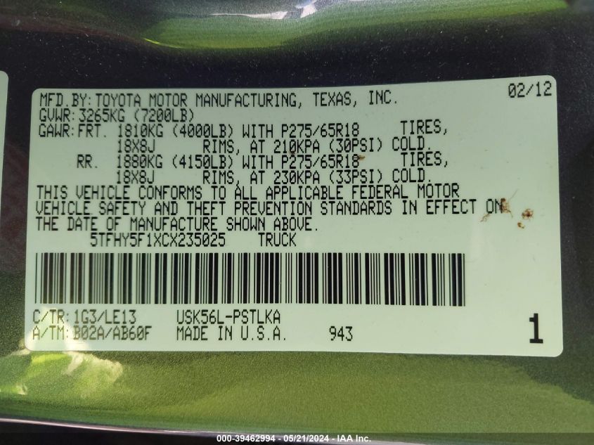 2012 Toyota Tundra Limited 5.7L V8 VIN: 5TFHY5F1XCX235025 Lot: 39462994