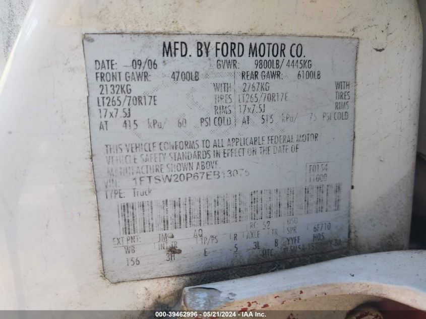 2007 Ford F-250 Lariat/Xl/Xlt VIN: 1FTSW20P67EB13075 Lot: 39462996