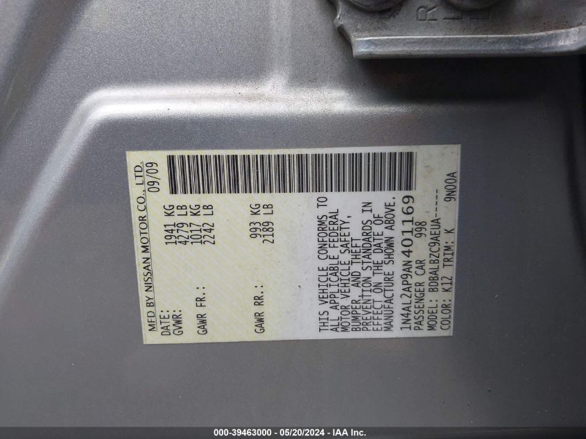 2010 Nissan Altima 2.5 S VIN: 1N4AL2AP9AN401169 Lot: 39463000