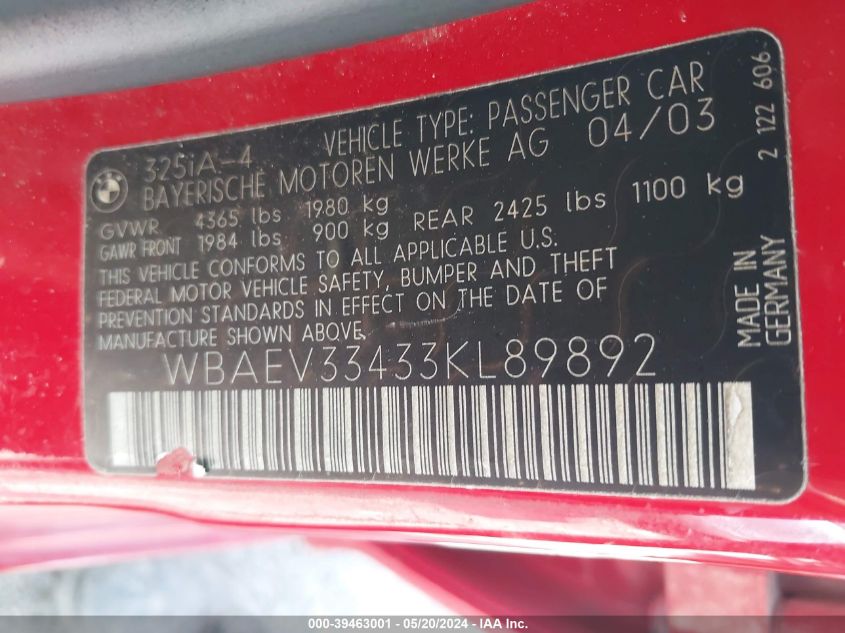 2003 BMW 325 I VIN: WBAEV33433KL89892 Lot: 39463001