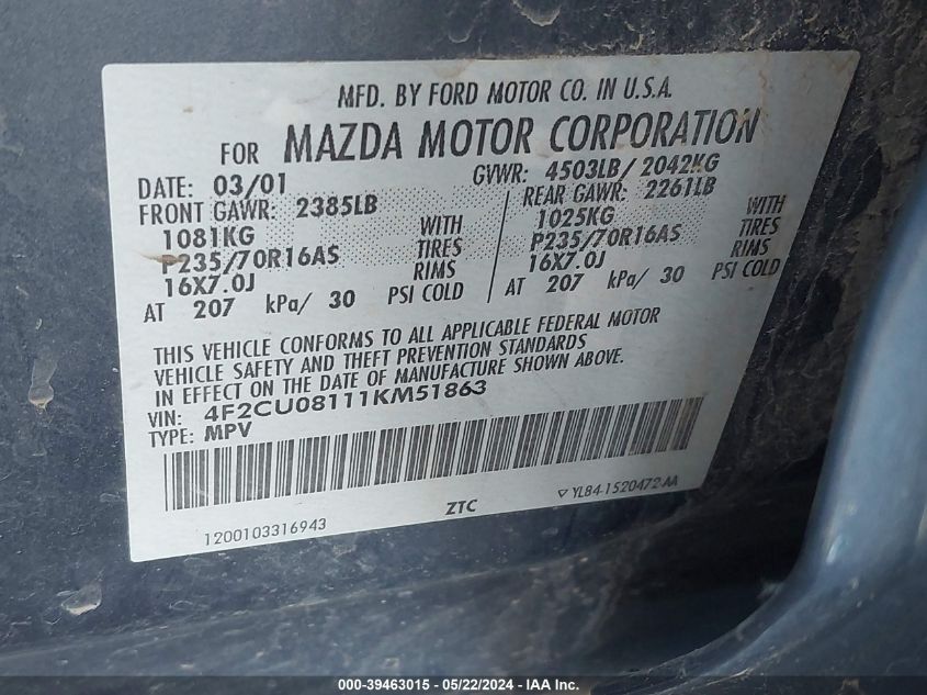 2001 Mazda Tribute Es V6/Lx V6 VIN: 4F2CU08111KM51863 Lot: 39463015