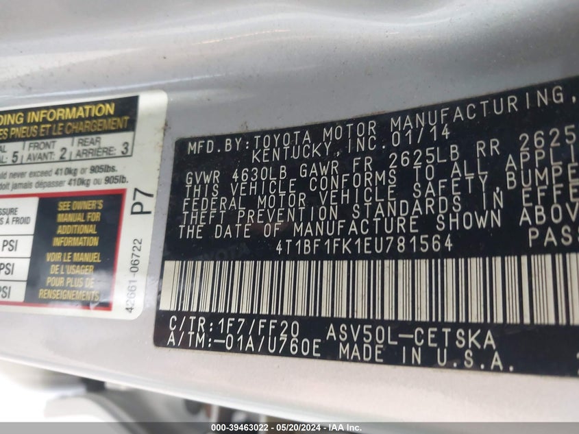 2014 Toyota Camry Se VIN: 4T1BF1FK1EU781564 Lot: 39463022