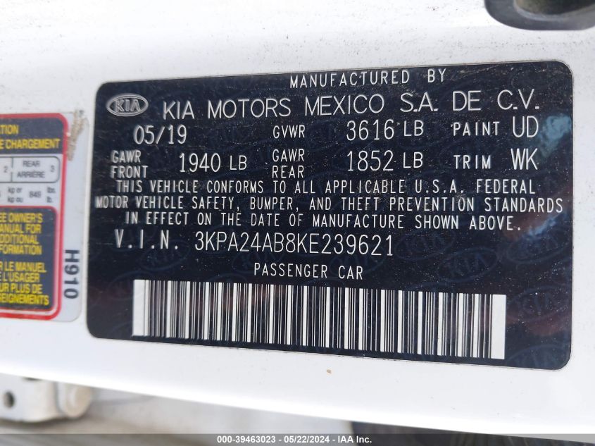 2019 KIA RIO S - 3KPA24AB8KE239621