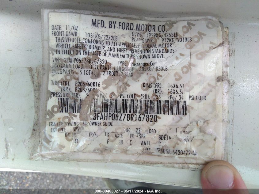 2008 Ford Fusion S VIN: 3FAHP06Z78R167820 Lot: 39463027