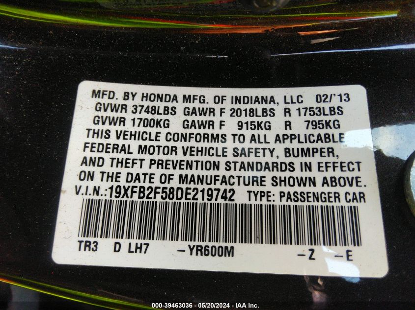 2013 Honda Civic Lx VIN: 19XFB2F58DE219742 Lot: 39463036