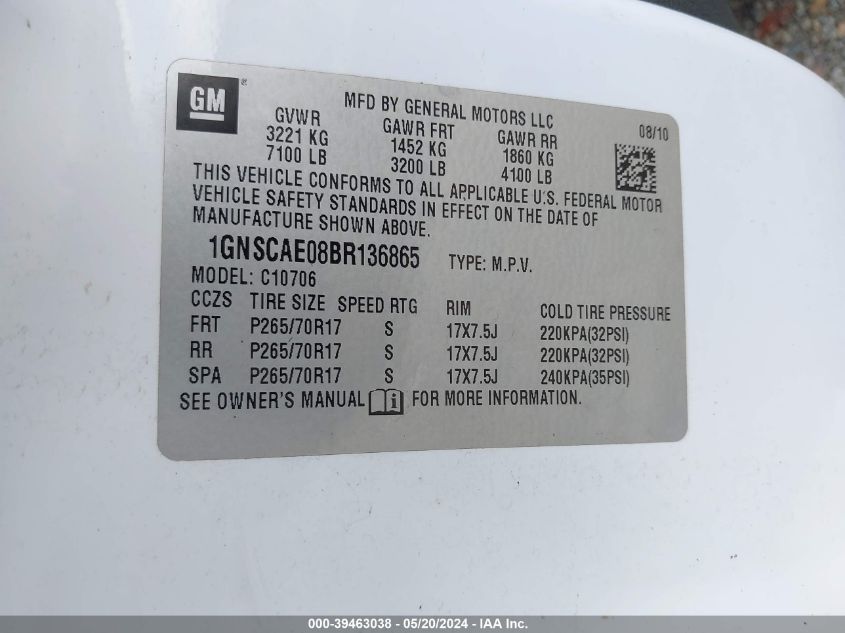 2011 Chevrolet Tahoe Ls VIN: 1GNSCAE08BR136865 Lot: 39463038